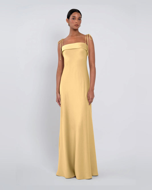 A-line floor-length dress in pale yellow, off-shoulder neckline with tie straps
