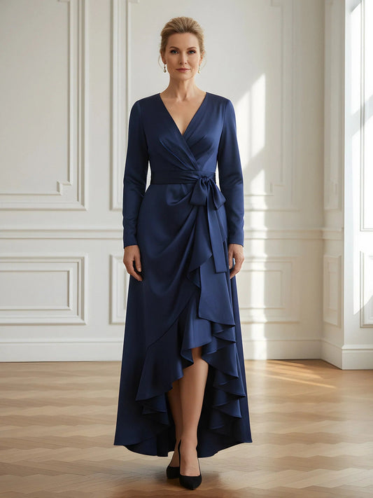 Dark navy satin V-neck sheath dress with draped ruffles, long sleeves, high-low hem