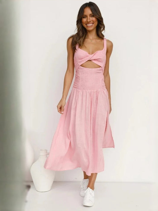 Blush Pink midi formal dress with cutout detail, full-length front view