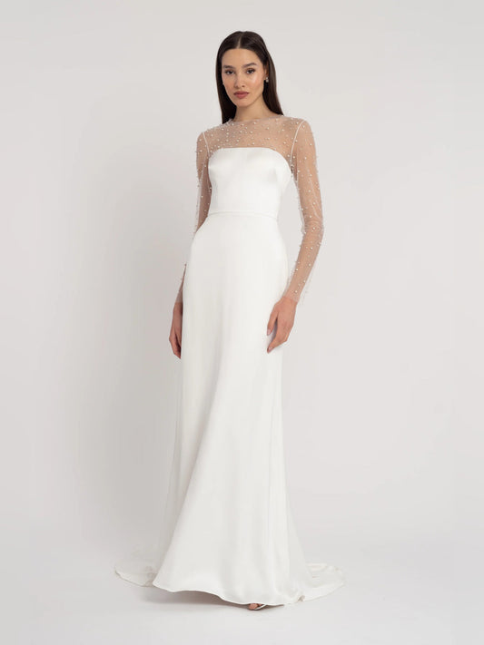 Ivory A-line formal dress with off-shoulder bodice and sheer embellished sleeves