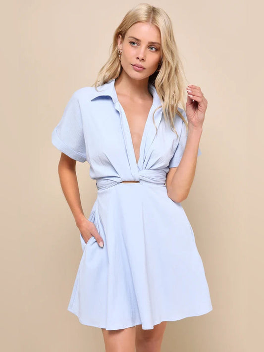 Light blue collared mini dress with short sleeves, twist front, V-neck