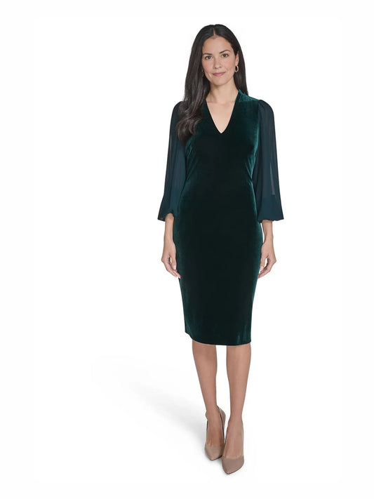 Dark green draped V-neck bodycon midi dress with three-quarter chiffon sleeves