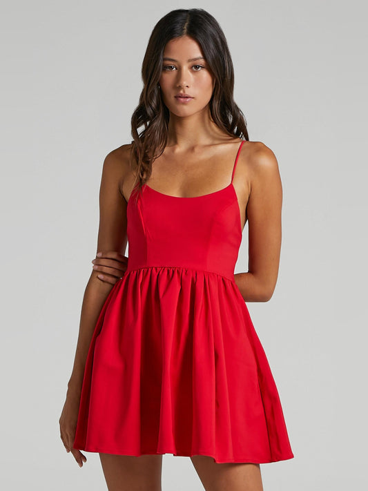 Red A-line mini dress with spaghetti straps, scoop neck, gathered waist, flared skirt