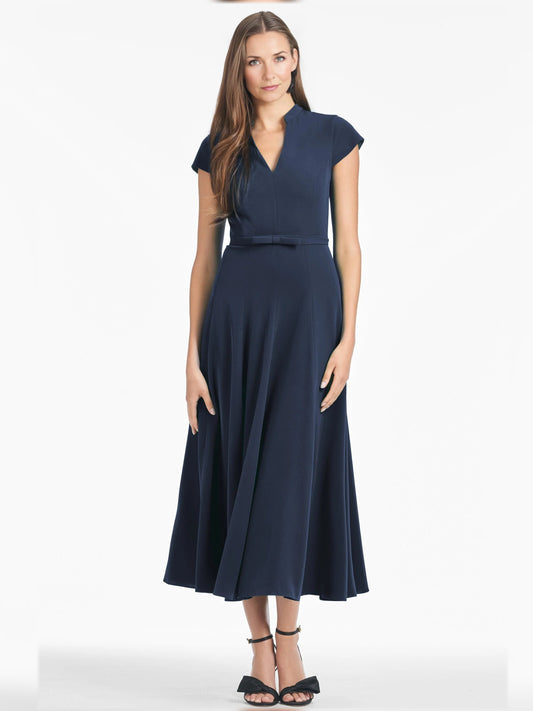 Navy draped V-neck fit-and-flare short crepe mother-of-the-bride dress