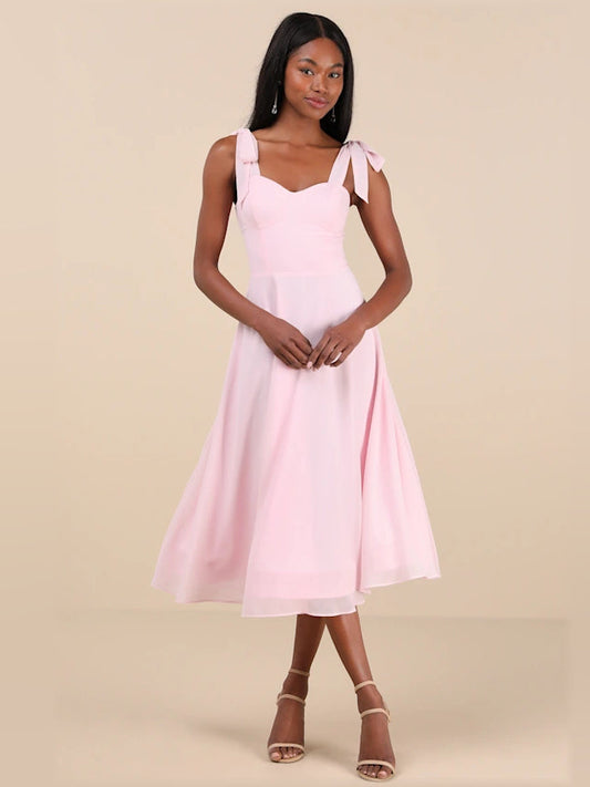 Light Pink a-line midi formal dress, full-length front view