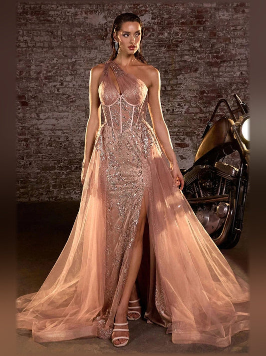Rose gold one-shoulder corset formal dress with floral beaded bodice and tulle train