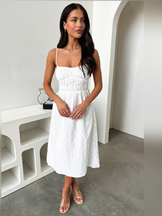 White midi formal dress, full-length front view