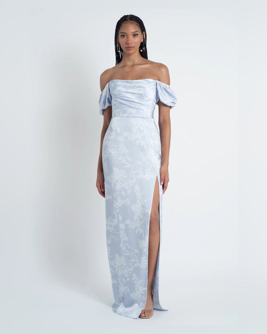 Sky-blue A-line maxi formal dress with off-shoulder neckline, puff sleeves, center slit