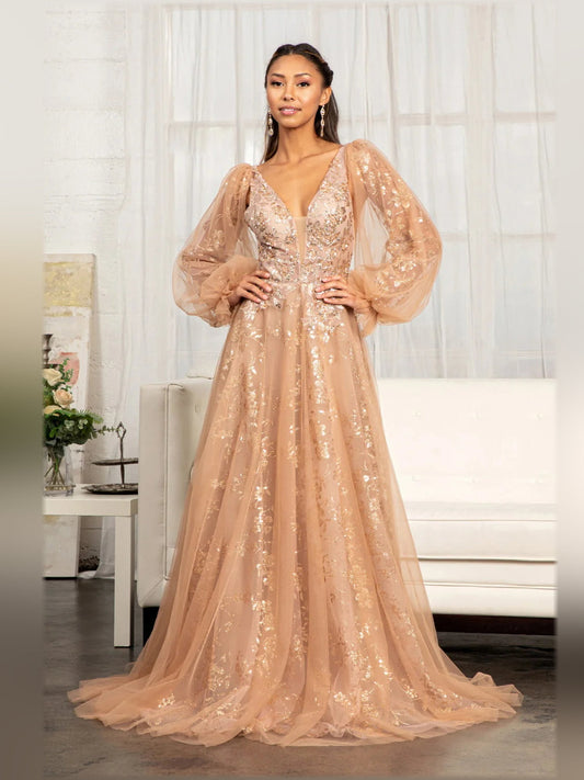 Champagne floral sequin V-neck A-line formal dress with sheer puff sleeves