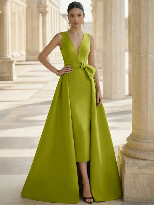 Olive green satin V-neck A-line formal dress with waist tie and sleeveless bodice