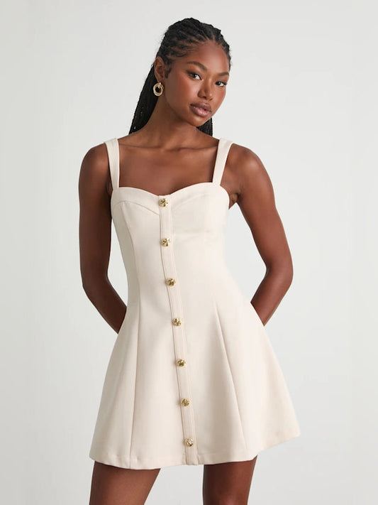 Cream button-front square-neck A-line mini dress with thin shoulder straps