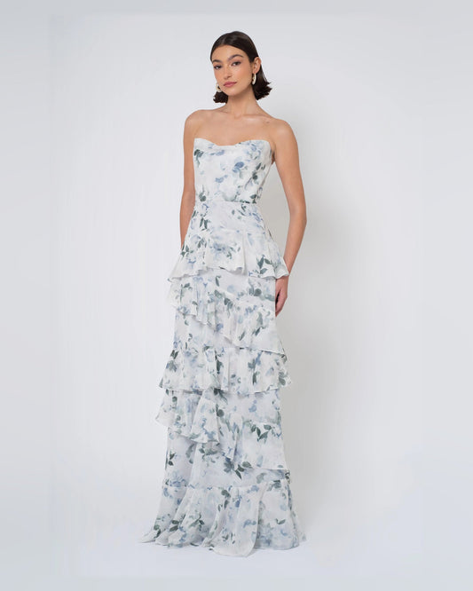 Blue floral A-line maxi formal dress, strapless bodice with layered tiered skirt