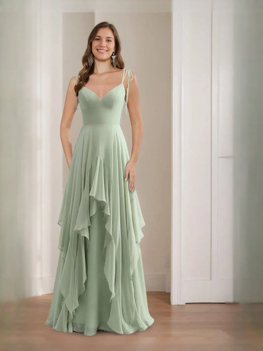 Mint green sweetheart A-line maxi prom dress with chiffon layered ruffle skirt