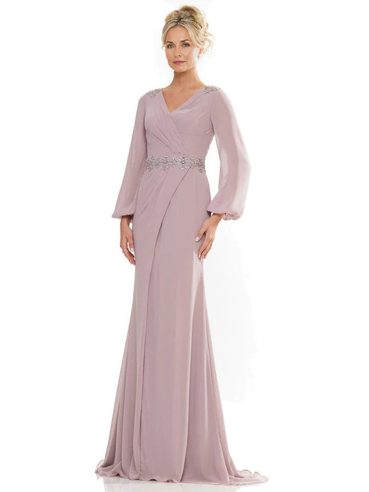 Mauve V-neck chiffon mother-of-the-bride dress with long sheer sleeves and beaded belt