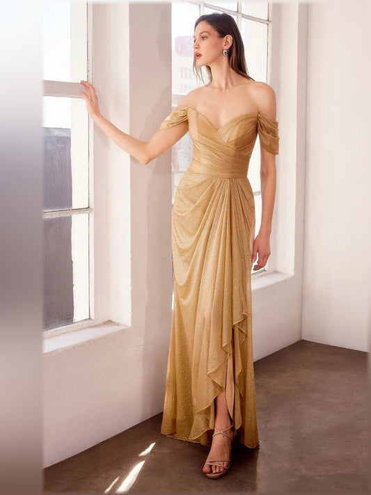 Gold off-shoulder ruching sheath evening dress, floor length with draped ruffle at hem.