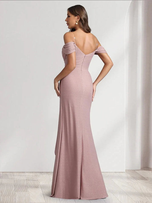 Dusty pink ruched strapless A-line prom dress, off-shoulder sleeves, floor length