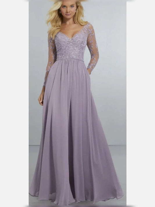 Lilac embroidered V-neck A-line chiffon bridesmaid dress with long lace sleeves, full length
