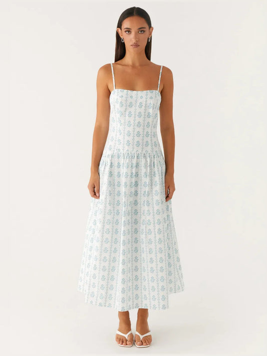 Light blue printed midi formal dress with square neckline and spaghetti straps