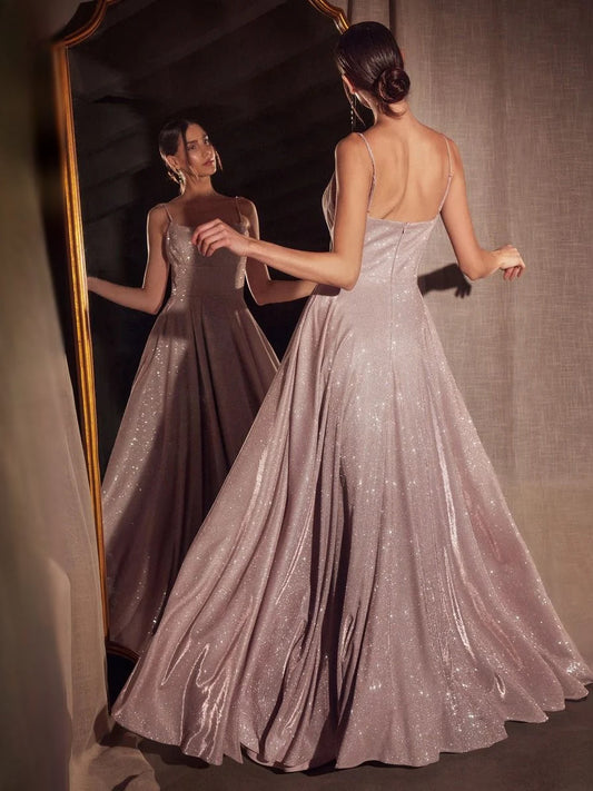 Dusty rose floor-length sequin prom dress, scoop neck, spaghetti straps, side-slit A-line