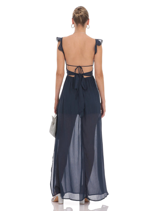 Navy chiffon A-line maxi bridesmaid dress with open-back crisscross straps