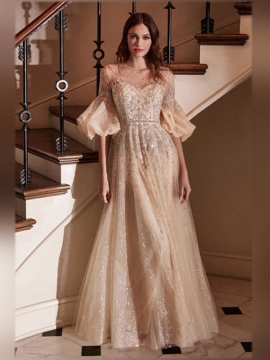 Champagne beaded A-line formal dress with puff sleeves, floor-length skirt