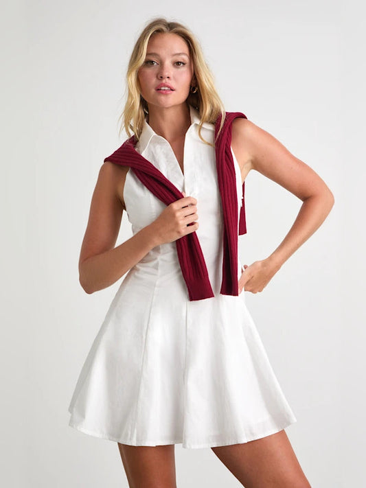 White collared V-neck sleeveless A-line mini homecoming dress with maroon sash