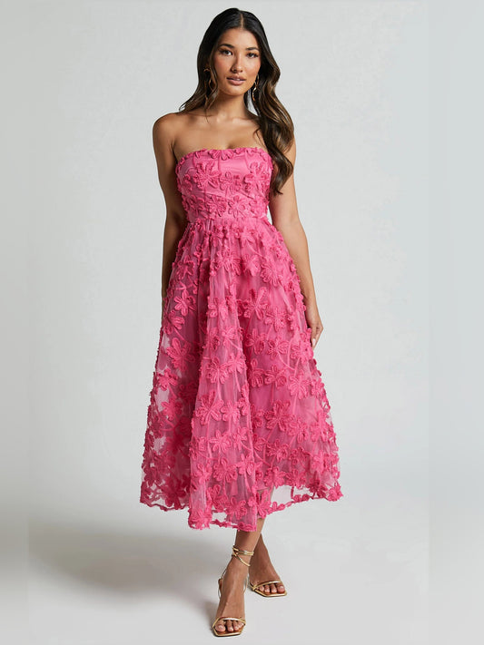 Pink midi formal dress with strapless neckline, full-length front view