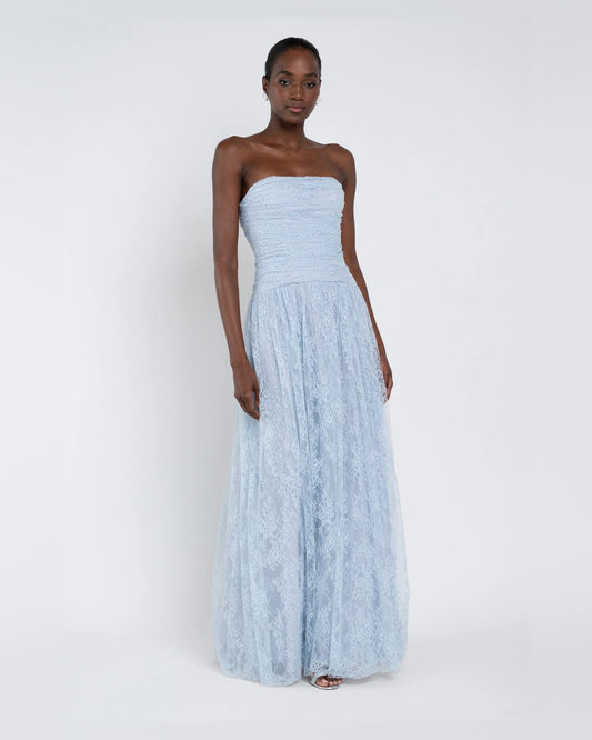 Light blue strapless A-line maxi dress with lace texture and gathered waist