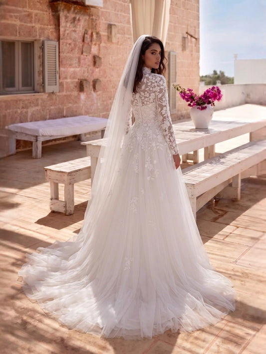 Ivory high-neck embroidered lace tulle A-line wedding dress with long sleeves and veil