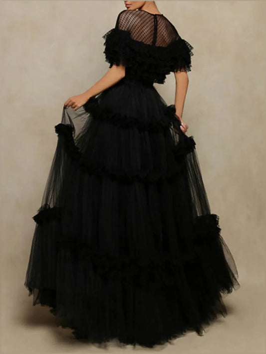 Black tulle A-line prom dress with off-shoulder ruffles and mesh bodice