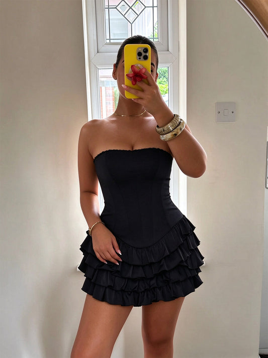 Front view of Strapless Corset Ruffled Mini Homecoming Dress