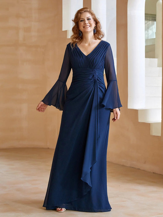 Dark navy V-neck chiffon A-line maxi dress with ruched waist and draped skirt