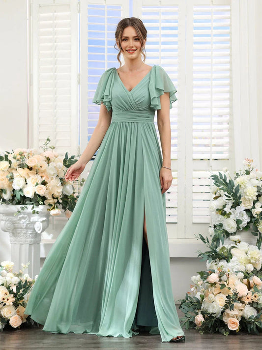 V-neck A-line chiffon bridesmaid dress in dusty sage green, flutter sleeves, side slit