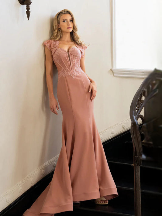 Apricot sweetheart corset mermaid wedding dress with beaded lace bodice, floor-length