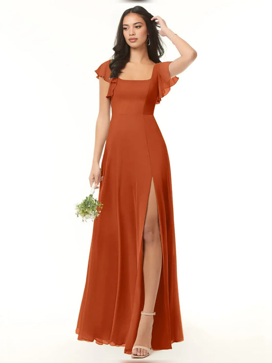 Burnt orange chiffon maxi dress with square neck, flutter sleeves, and side slit.
