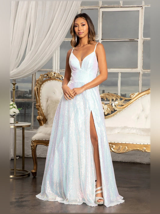 White V-neck spaghetti-strap formal dress with floor-length slit