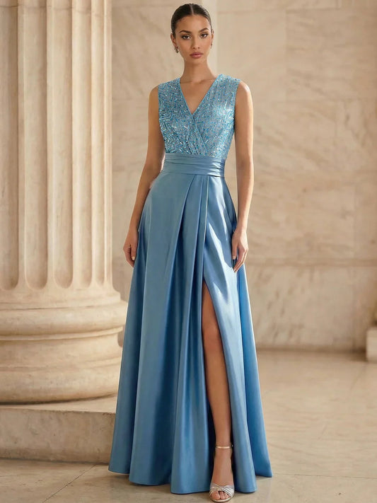 Dusty blue V-neck sleeveless sequin bodice formal A-line dress with high slit