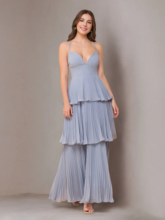 Dusty blue V-neck A-line tiered ruffle maxi chiffon dress with layered skirt