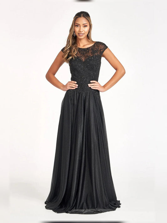 Black beaded embroidered V-neck A-line floor-length dress with cap sleeves and satin skirt