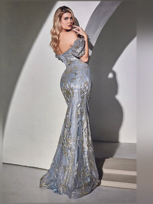 Dusty blue off-shoulder sequin-style print gown with puff sleeves and mermaid hem