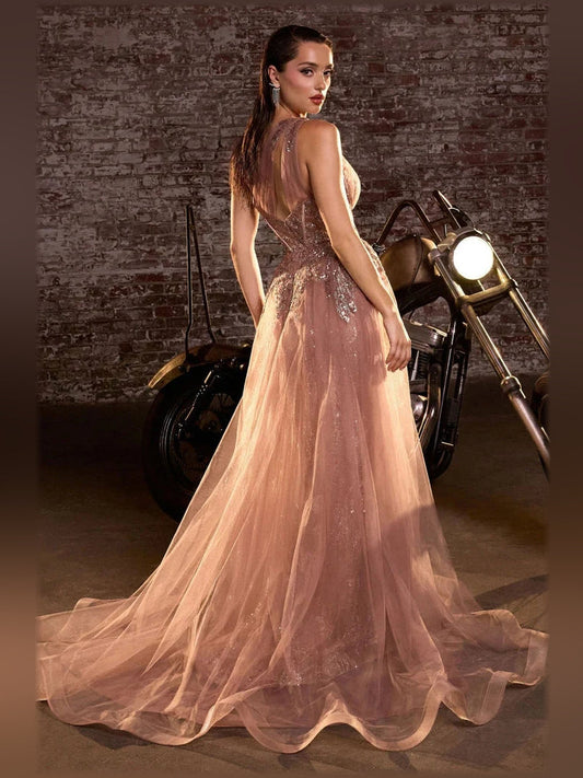 Rose gold one-shoulder corset formal dress with floral beaded back and flowing tulle skirt