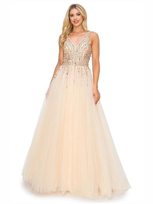 Champagne beaded V-neck A-line formal dress, sleeveless embellished bodice