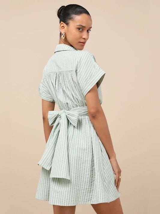 Green striped collared mini dress, bow-tied waist and short sleeves