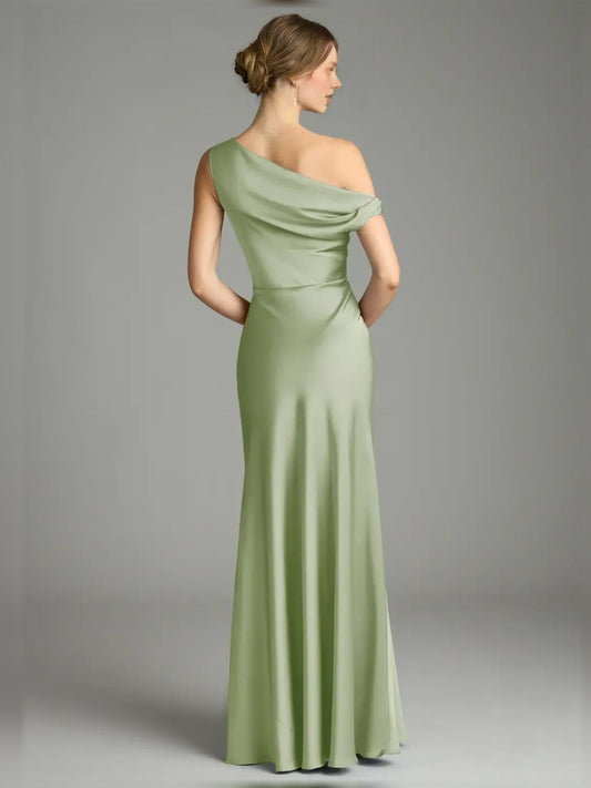 Dusty sage satin off-shoulder mermaid gown, side view, pleated drape to floor