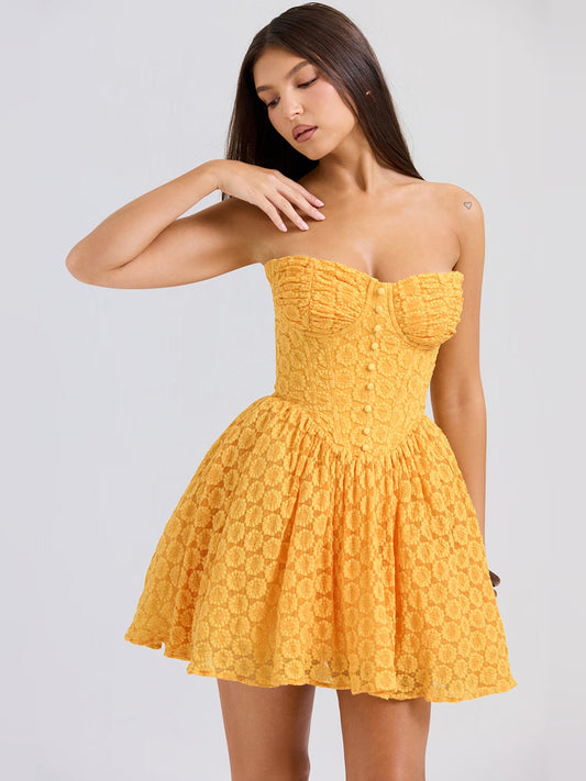 Apricot corset mini dress with sweetheart bodice, textured pattern, flared skirt
