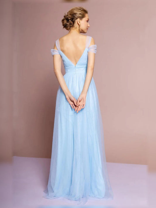 Sky blue off-shoulder pleated A-line tulle gown, side view, floor length