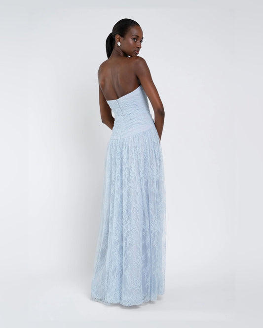 Light blue backless strapless A-line maxi dress with lace texture