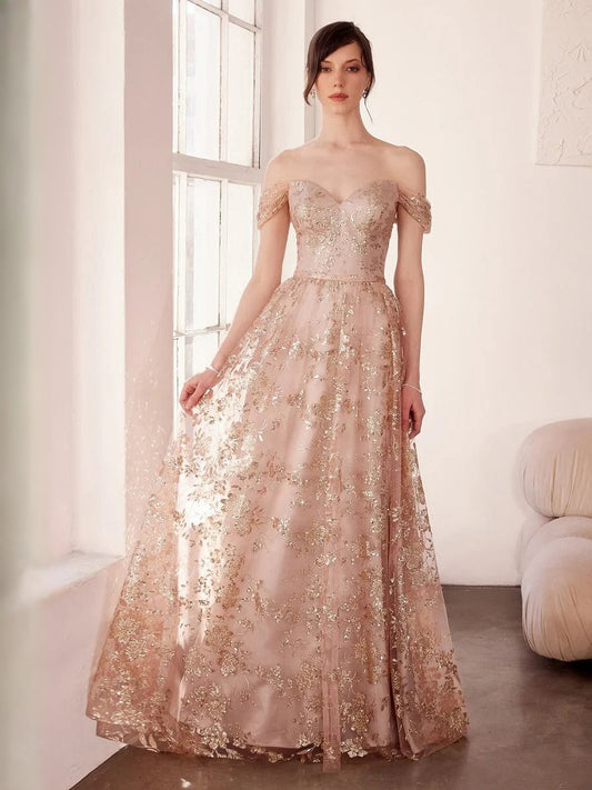 Champagne rose sequin floral off-shoulder V-neck ball-gown prom dress with full skirt