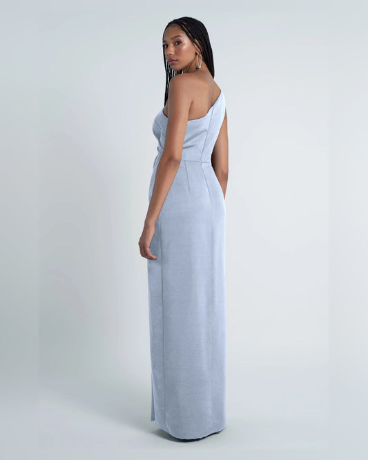 Light blue sleeveless one-shoulder maxi dress with draped bodice and side slit