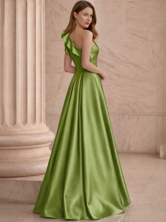 Olive green one-shoulder corset gown with draped ruffle strap, floor-length